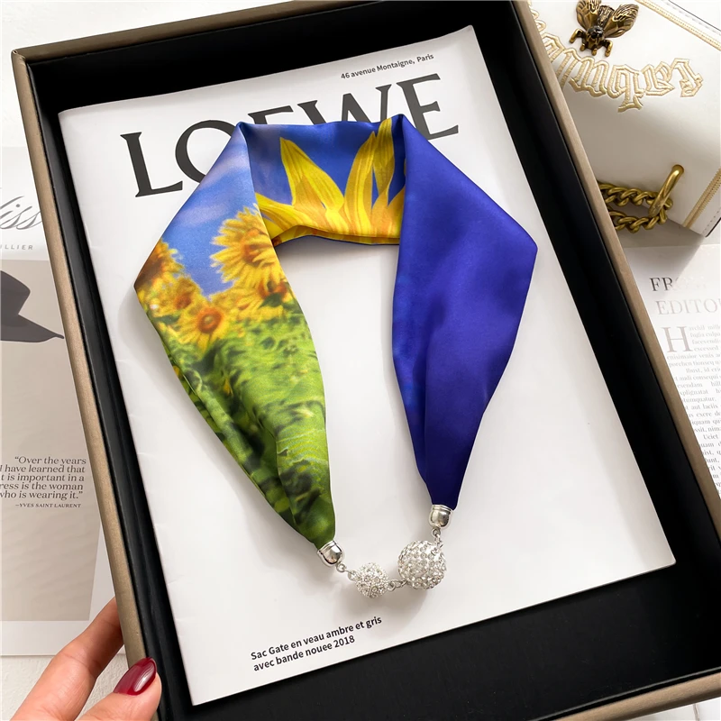 Шелковый галстук для худой шеи женский Принт магнит ожерелье шарф весенняя мода