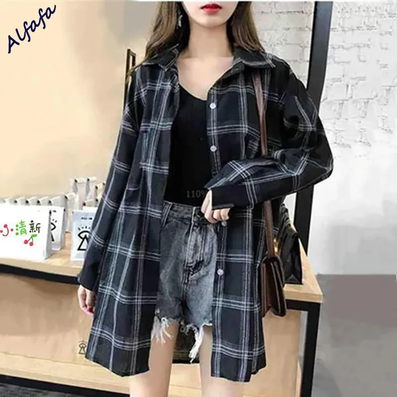 

Casual Plaid Top Women Sun-proof Retro Harajuku Thin Coat Long Sleeve Chic Loose Spring Summer Outwear Fashion Y2K Clothes
