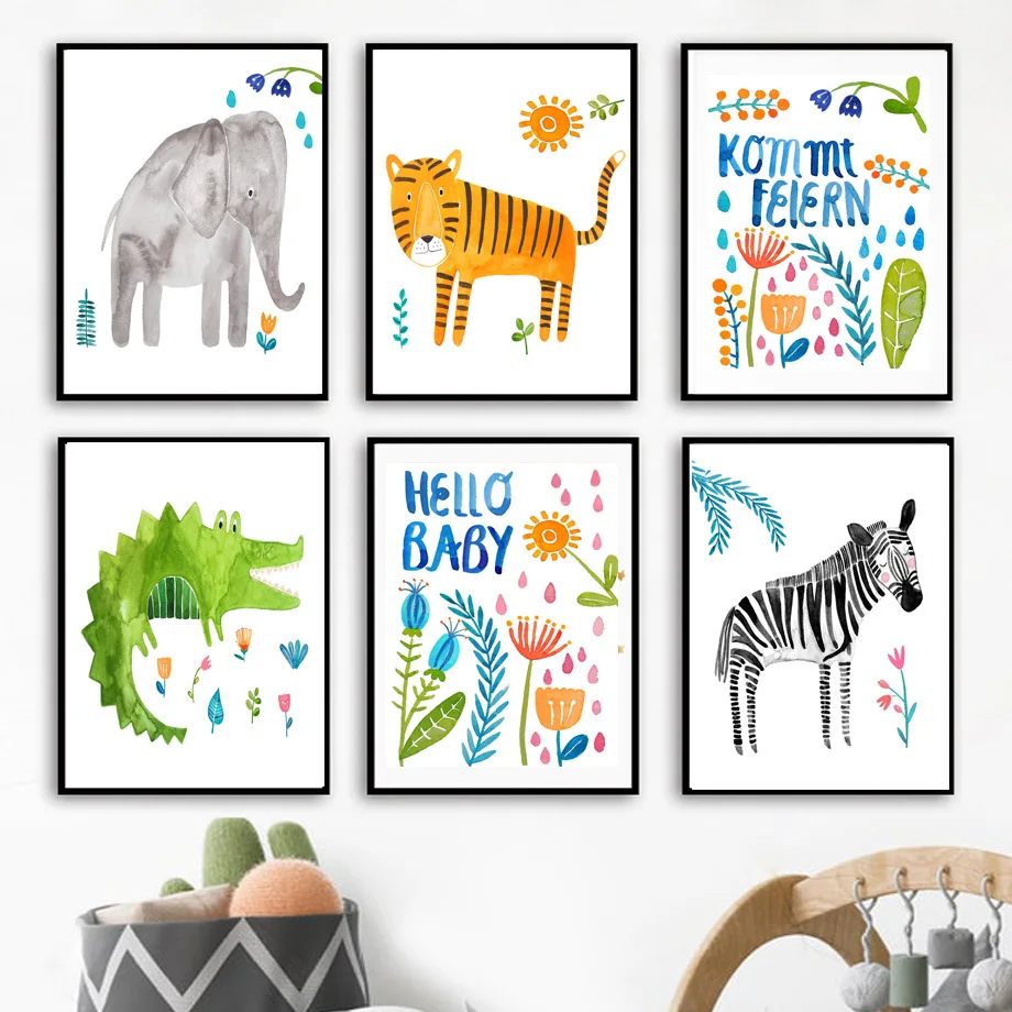 

Tiger Lion Leopard Elephant Zebra Moose Kindergarten Posters And Prints Wall Art Canvas Painting Wall Pictures Kids Room Decor