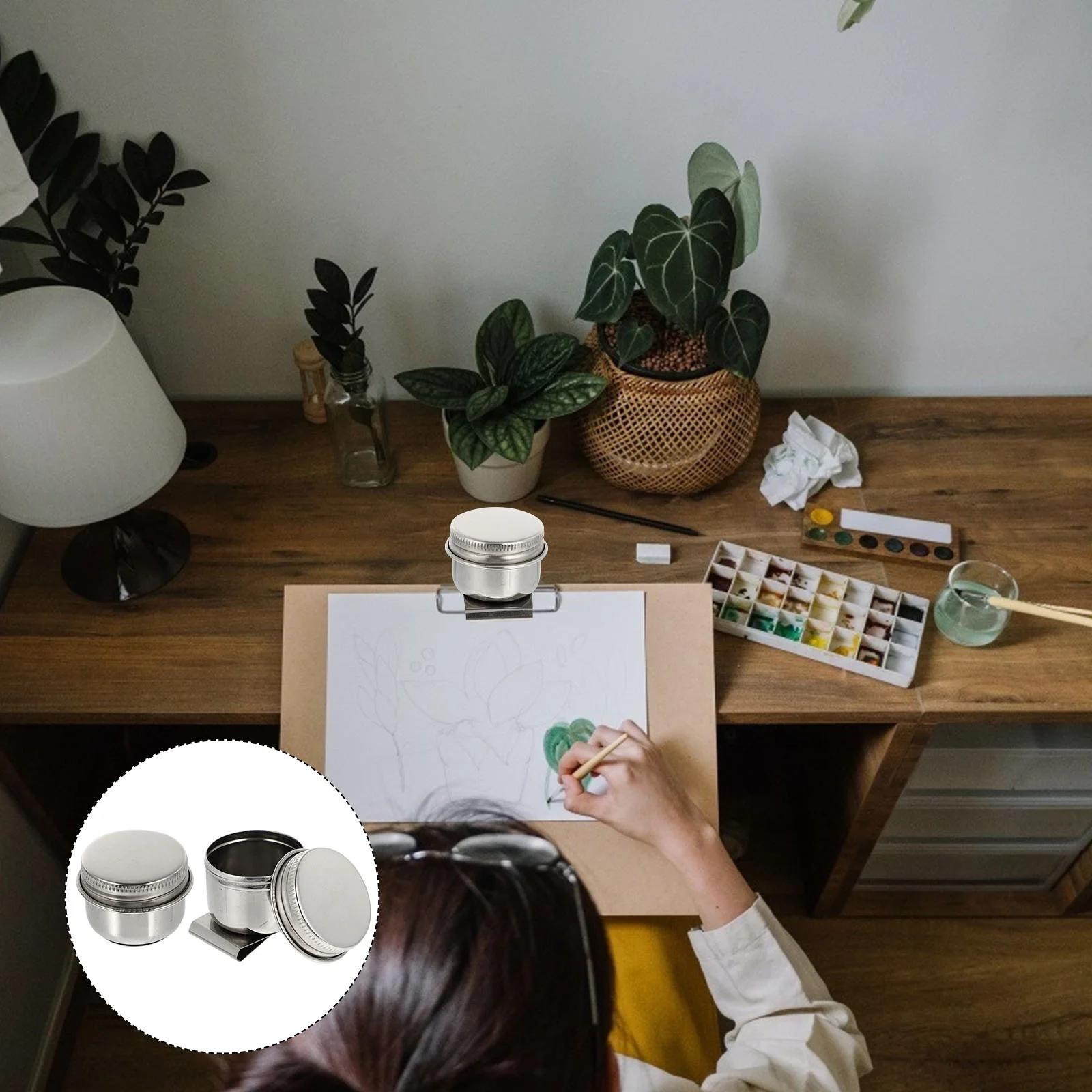 

Brushcup Lid Cleaning Oil Wash Dipper Double Bowl Calligraphy Container Cups Paintingsteel Stainlessclip Single Pot Washing