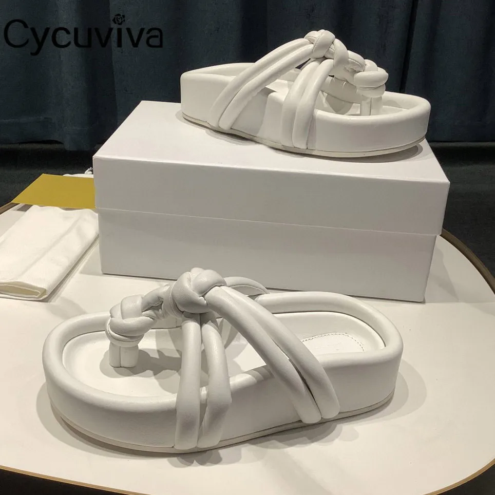 Шлепанцы женские кожаные Сланцы на толстой плоской подошве пляжные сандалии