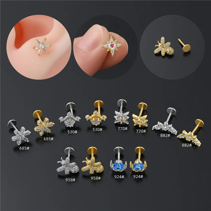 

1pc Zircon Crystal Flower Moon Earrings For Women Cute Bee Nose Lip Stud Earrings Gothic Jewelry Piercing
