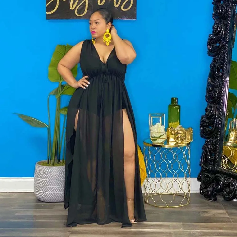 

Plus Size Women Dress One-piece V-neck Off Shoulder Solid Maxi Dress Sexy Fashion Mesh See Holiday Beachwear Summer Long Dresses