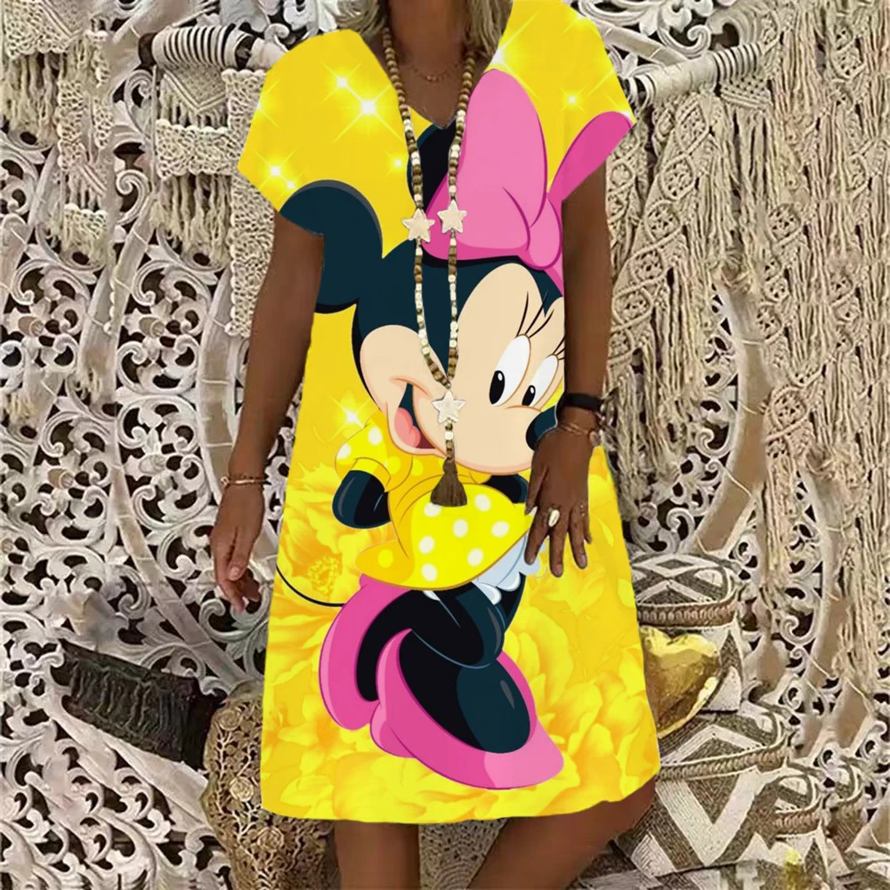 Women Disney Minnie Mickey Mouse Dress Summer Sexy V Neck Short Sleeve A-Line Dresses Female Beach Party Short Dress Casual 2022 images - 6