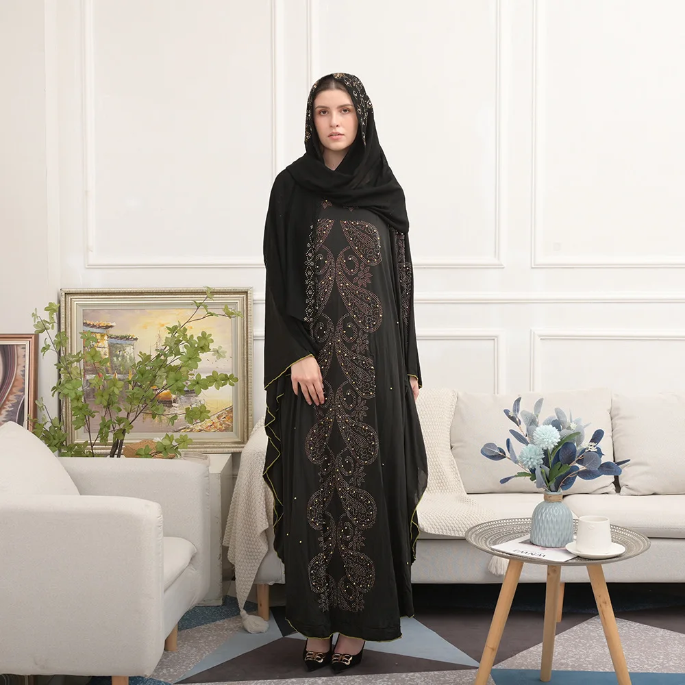 

Muslim Abayas Chiffon Rhinestone Islam Women Long Dress Oversized Maxi Robe Arab Bat Sleeve Maxi Robe Caftan Ramadan Eid Mubarak
