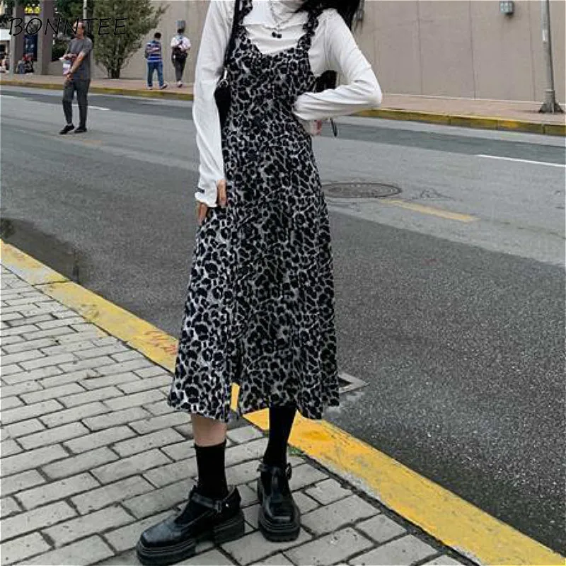 

Женские свободные платья а-силуэта с V-образным вырезом, женское Повседневное платье в стиле Хай-стрит с леопардовым принтом, корейское модн...