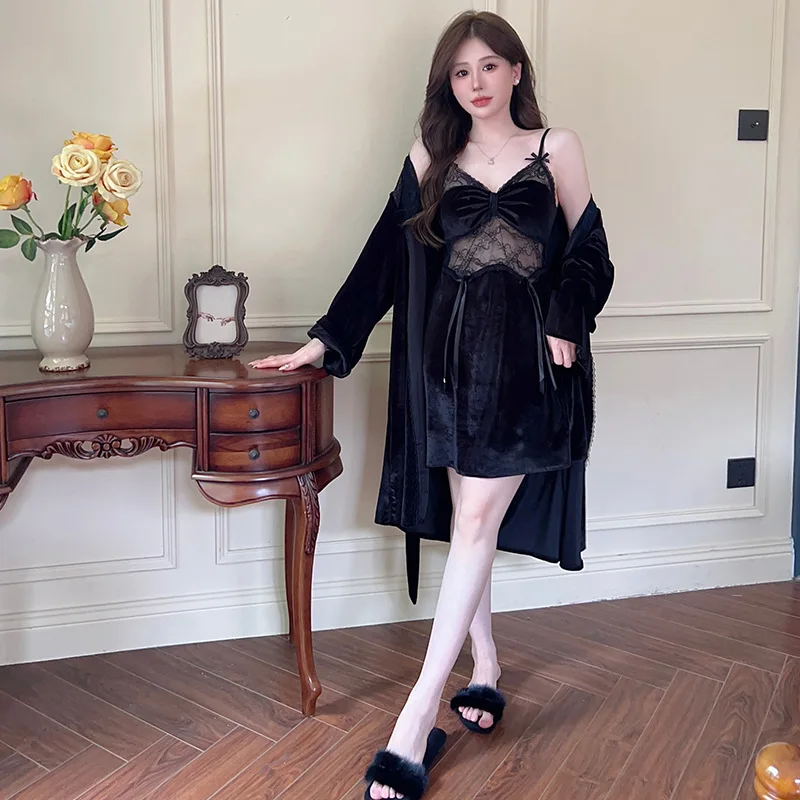 Комплект женский велюровый кружевной из 2 предметов халатный халат-кимоно одежда