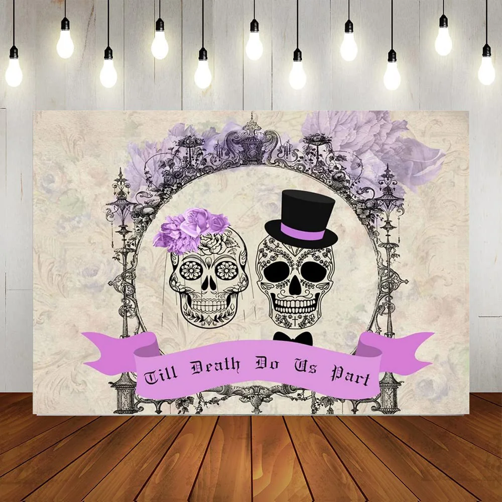 

Halloween Till Death Wedding Photography Background Skull Floral Mr and Mrs Anniversary Party Decorations Banner Decors Prop