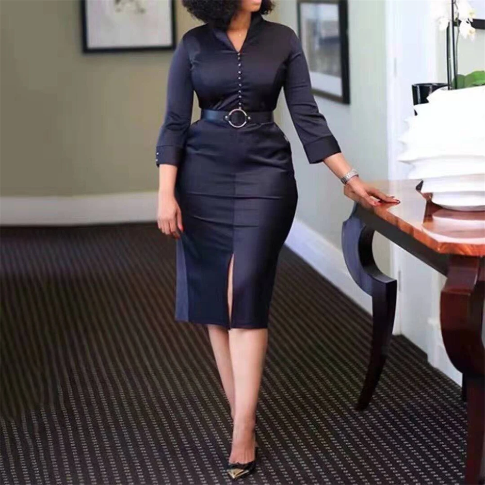 

African Women Dress Elegant Single Breastde V-Neck Bodycon Split with Belt Dresses Black Office Lady Midi Women's Dresses