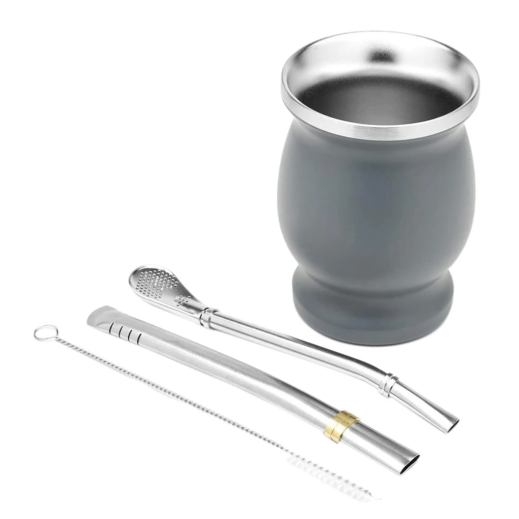 

Набор чайных чашек Yerba Mate с двойными стенками из нержавеющей стали, чашка для кофе и воды с 2 соломинками, ложка и щетка для чистки, 8 унций, сер...