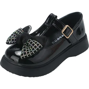 Girls Leather Shoes 2022 Spring and Autumn Mary Jane Black Patent Leather Bow Decoration School Prin in Pakistan
