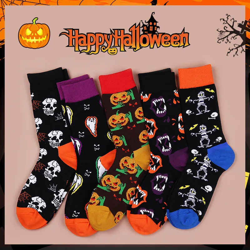 

1 lot=12 pairs medium lovers' uniform size cross-border new cotton Halloween pumpkin skeleton socks for men and women PW228205