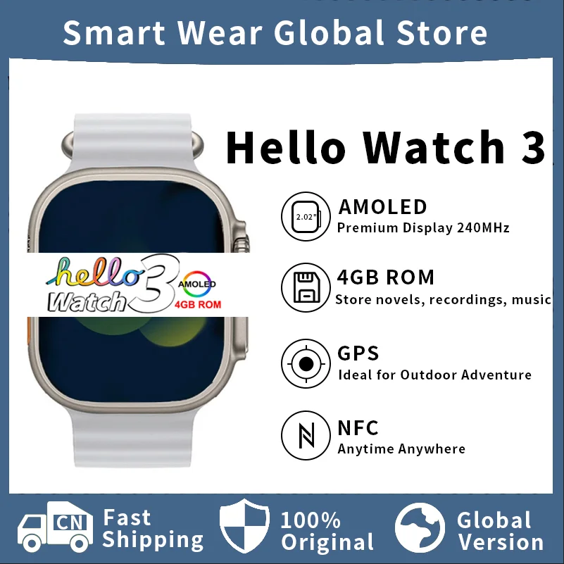 

Smart Watch Hello Watch 3 Original 4GB ROM Series 8 Ultra 49mm NFC Compass Heart Rate Monitor IWO Men Women Amoled Smartwatch