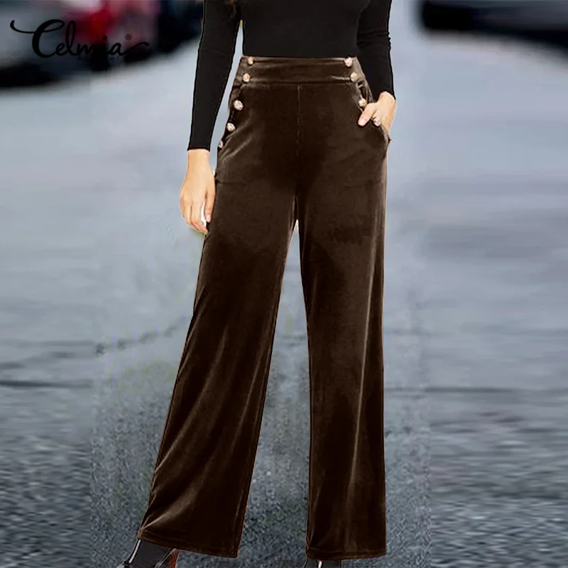 

Модные брюки с высокой талией и карманами Celmia, винтажные теплые длинные брюки 2022, Осенние повседневные свободные офисные брюки с декоративн...