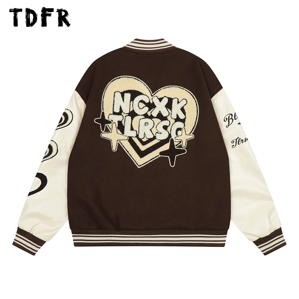 

Heart Embroidery Baseball Jacket Mens Autumn Winter Streetwear Loose Single Breasted Stand Collar Long Sleeve Outerwear Men