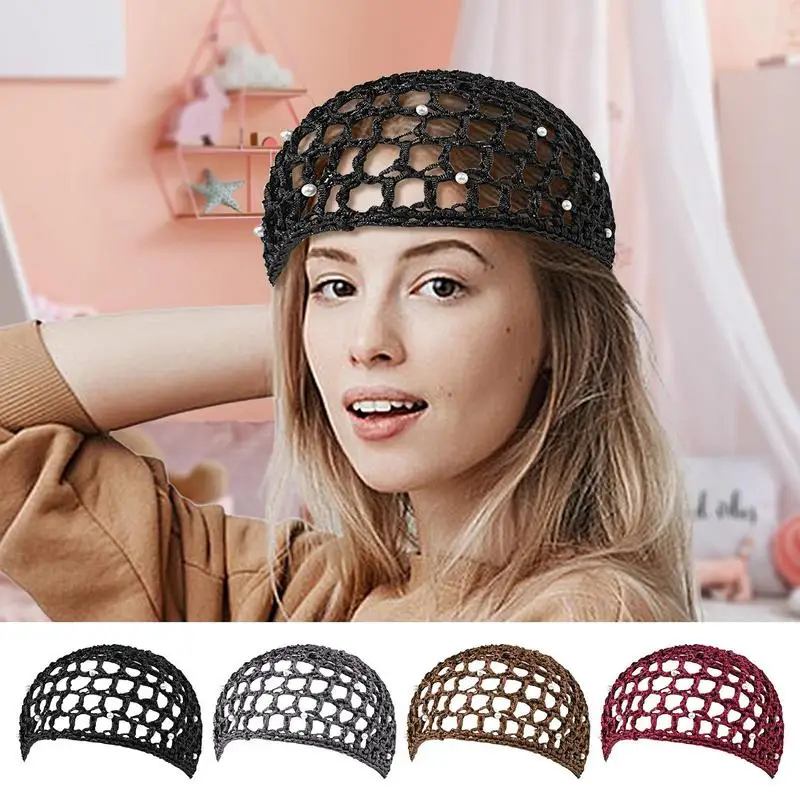 

Polyester Knit Beanie Handmade Cutout Summer Pearl Hat Solid Color Turban Vintage Painters Woven Artist Cap For Female