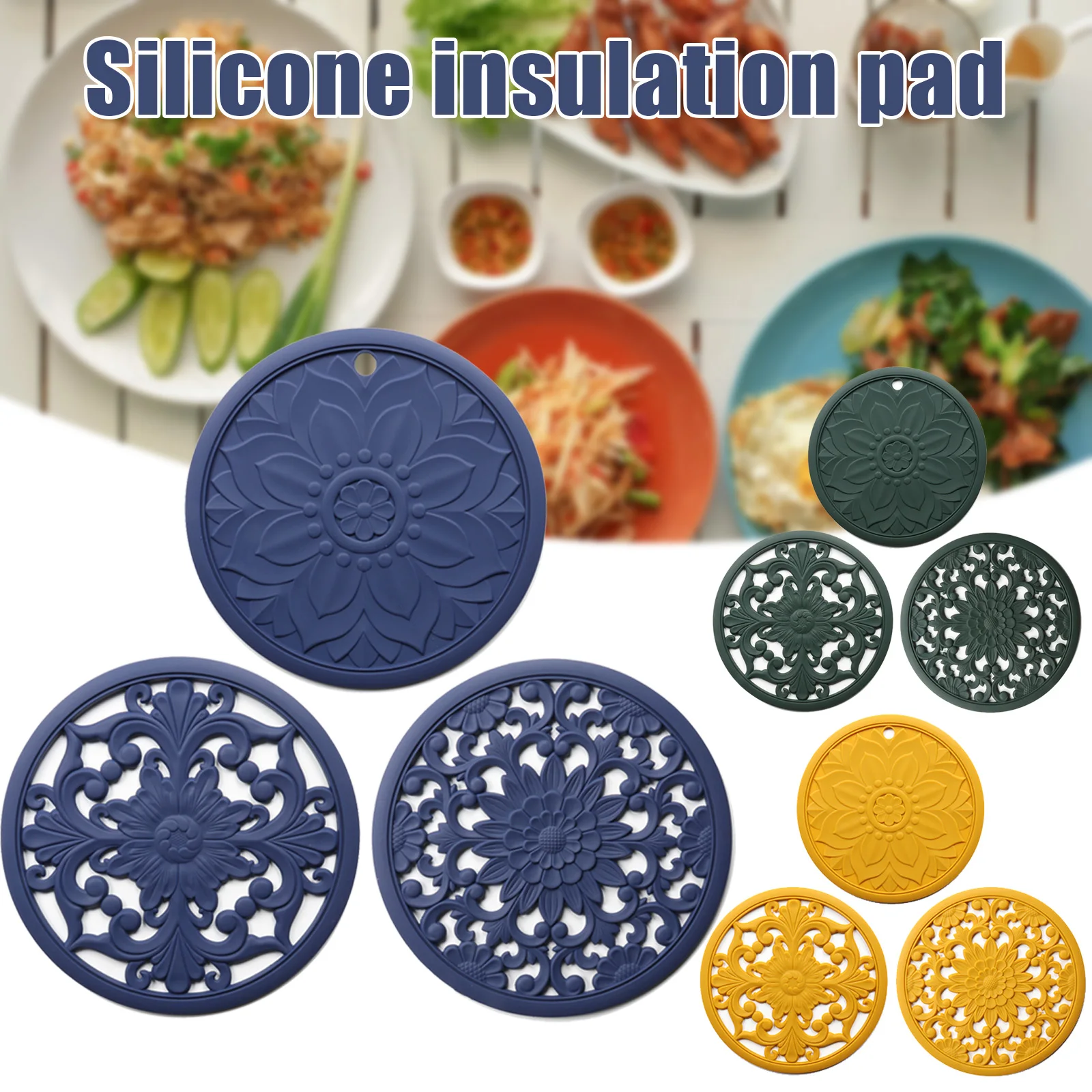 

3pcs Chinese Retro Hollowed Out Silicone Insulation Pad Coasters High Temperature Dining Table Anti-scalding Mat Potholder