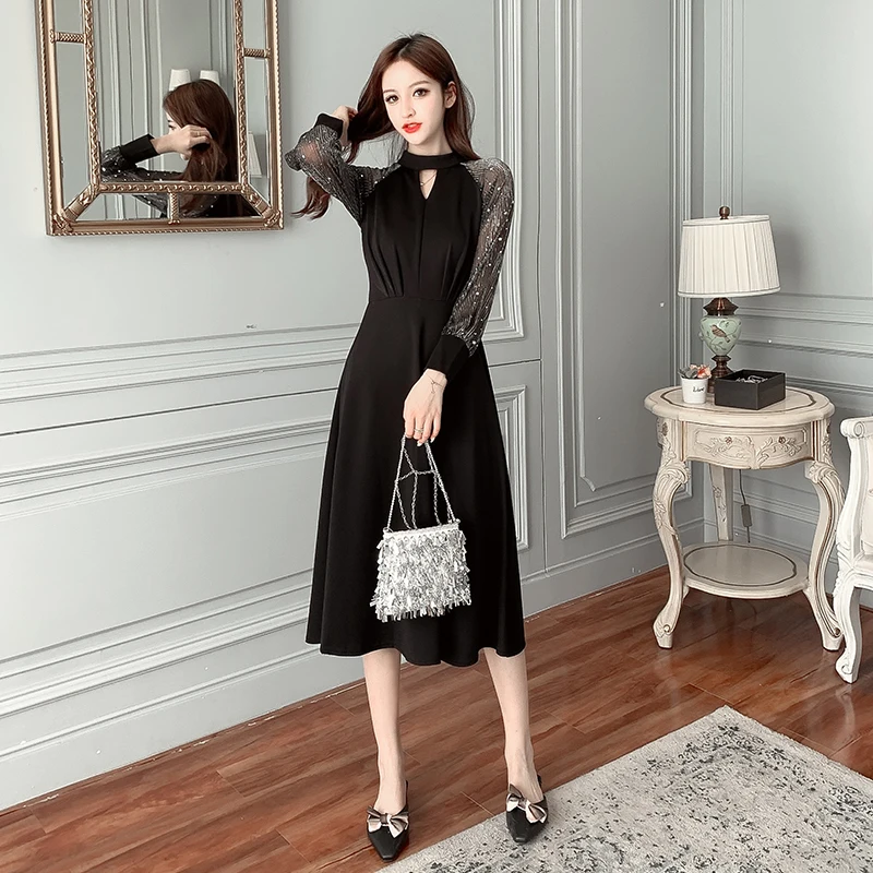 female winter long banquet noble black long sleeved little long in the annual meeting celebrities show thin