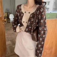fall winter women cute floral korean loose print knit cardigans o neck sweater jackets for female casual sweet knitted outwear