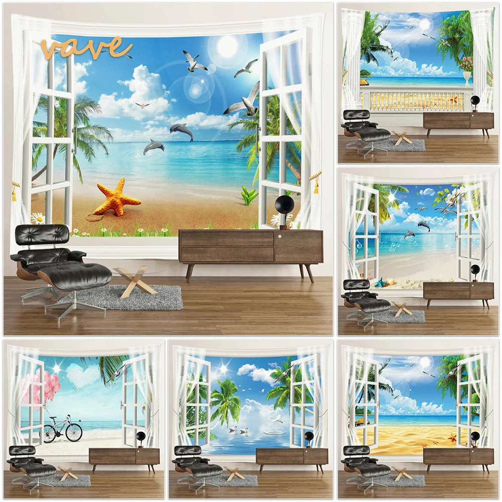 Windows Tapestry Wall Hanging Boho Beach Sunset Landscape Palm Tree Cloth Fabric Large Tapestry Aesthetic Bedroom Dorm Decor