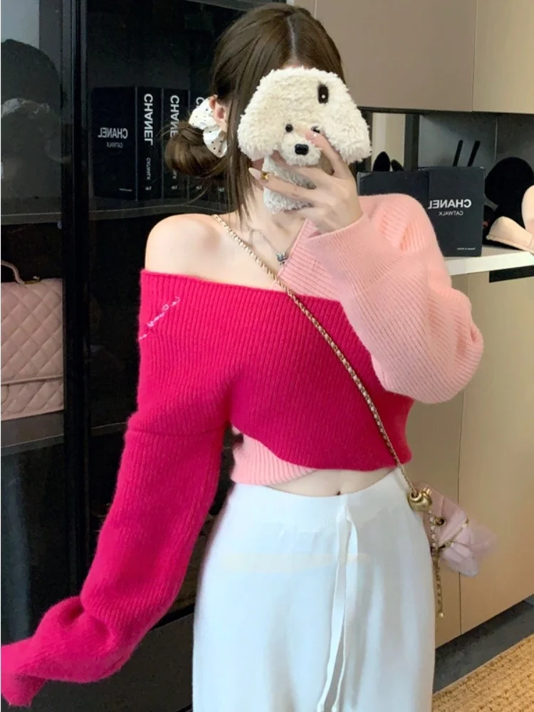 Плюс размер сладкий и пряный сексуальный вязаный свитер контрастного цвета с