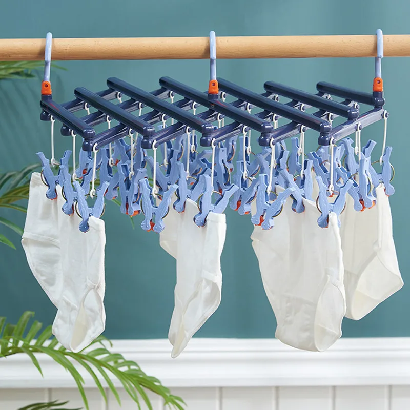 

14 Clips Folding Clothes dryer Hanger Children Adults Clothes Dryer Windproof Socks Underwear Plastic Drying Rack