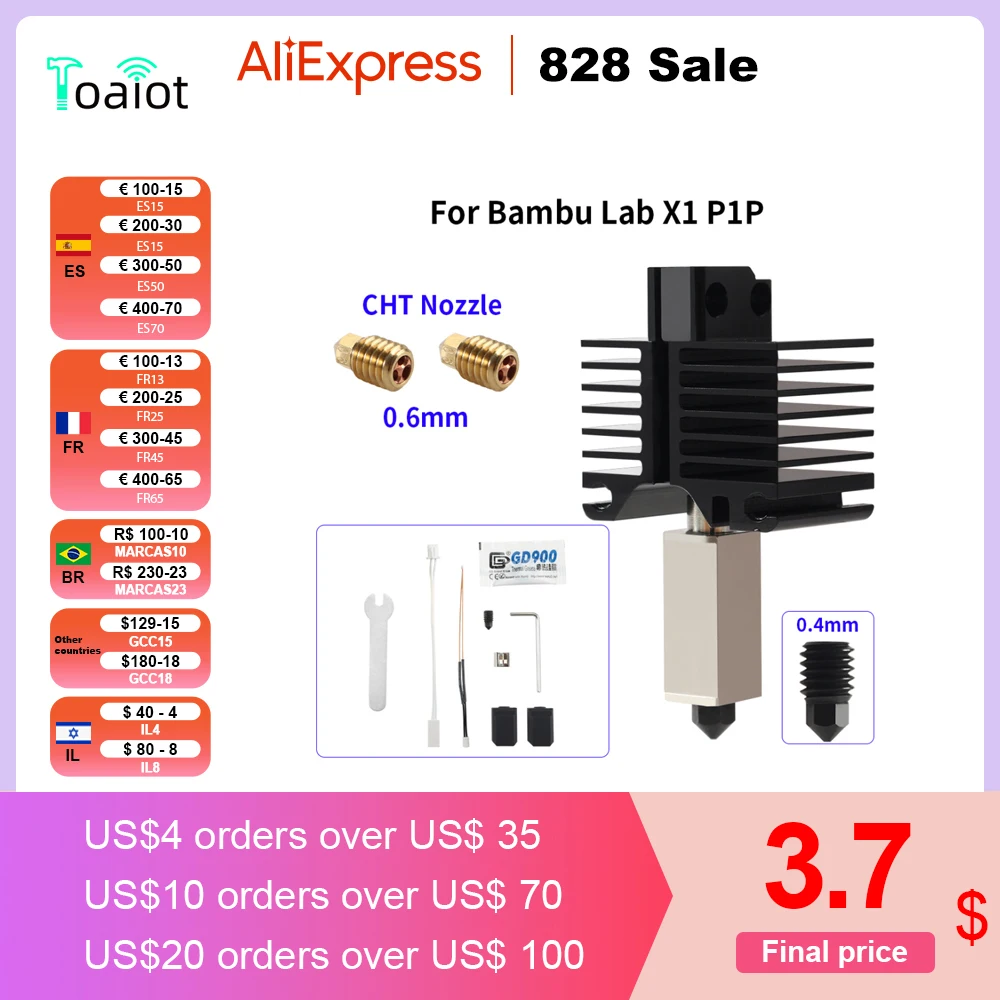 

Hotend Kit For Bamboo Lab X1 Carbon X1-Carbon Combo P1P 500C Plated Copper Heater Block Hardened Steel Nozzle 3D Printer Tools