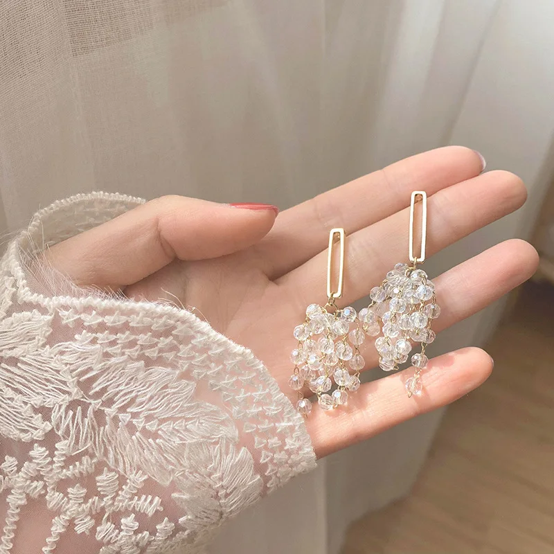

S925 Silver Needle Long Crystal Tassel Grape Earrings Female Niche High-end Ear Jewelry Temperament Earrings Korean Fashion