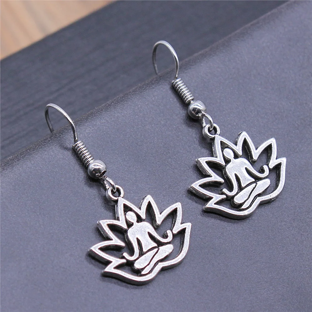 Модные серьги ручной работы простой дизайн античный серебряный цвет лотос Будда