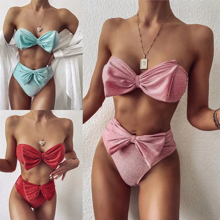 

High Waist Bikinis 2022 Swimsuits Women Bandeau Swimwear Shiny Bow-knot Biquini Two Pieces Female Solid Strapless Bathing Suit