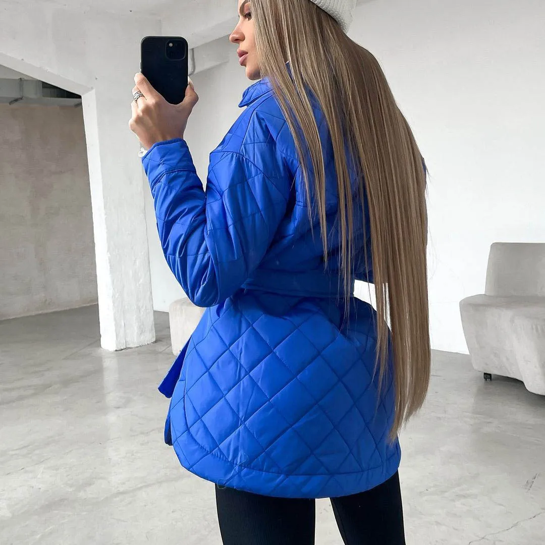 Winter Jacket Women Parka 2022 Winter Warm Coat Pocket Argyle All-Match Ins Fashion Jacket Solid Color Female Parkas With Belt