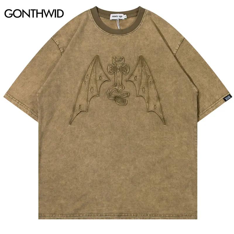 

Hip Hop Washed T Shirt Streetwear Hip Hop Embroidery Devil Wing Punk Gothic Tshirt 2023 Harajuku Fashion Casual Loose Cotton Top