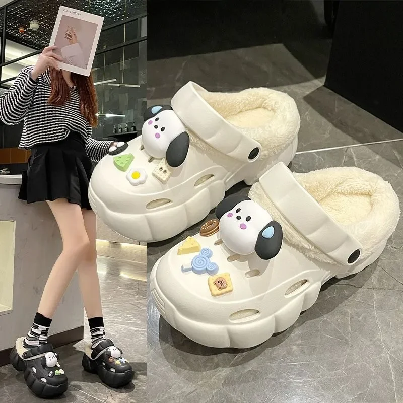 

New Women Croc Winter New Mary Jane Hole Shoes Wearing Baotou, Anti slip, Thick Sole, and Stuffed Cotton Slippers for Home Use