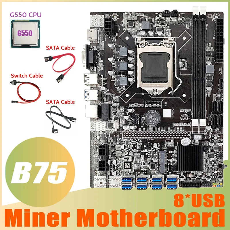 

HOT-B75 ETH Mining Motherboard 8XPCIE To USB+G550 CPU+2XSATA Cable+Switch Cable LGA1155 MSATA DDR3 B75 USB Miner Motherboard