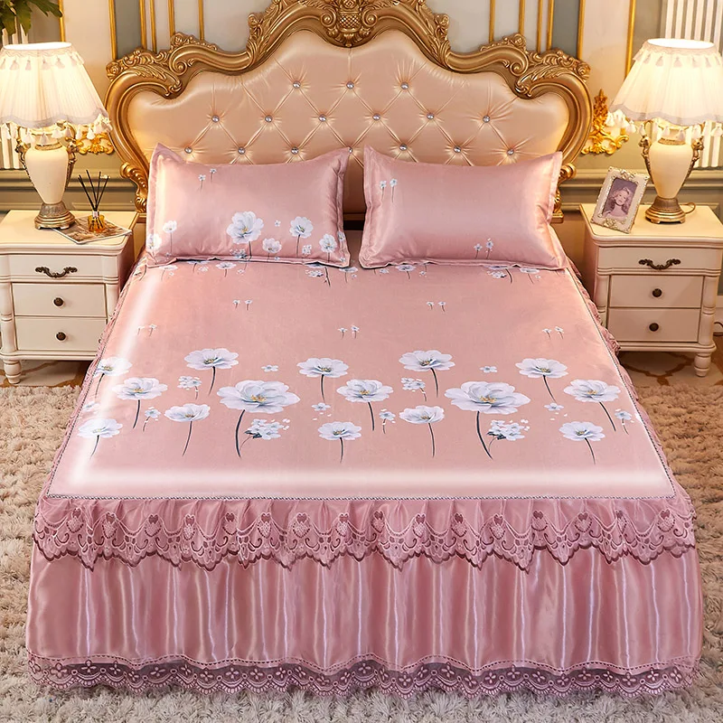 Summer Bed Skirt Ice Silk Mat Three-Piece Set Lace Machine Washable Air Conditioning Nude Sleeping Sof...