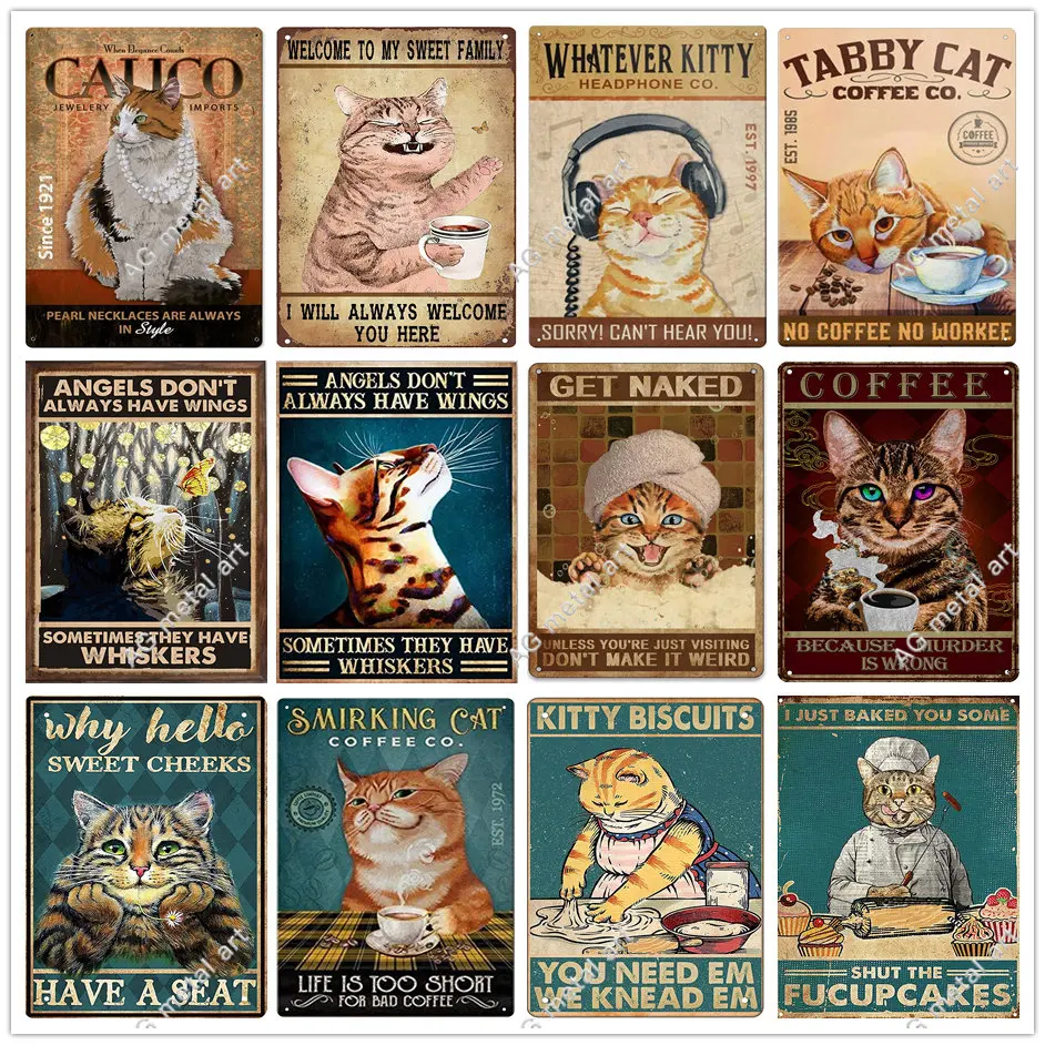 

Funny Tabby Cat for No Coffee No Workee Tin Sign Plates for Cafe Office Home Farmhouse Bathroom Kitchen Wall Decor for Cat Lover