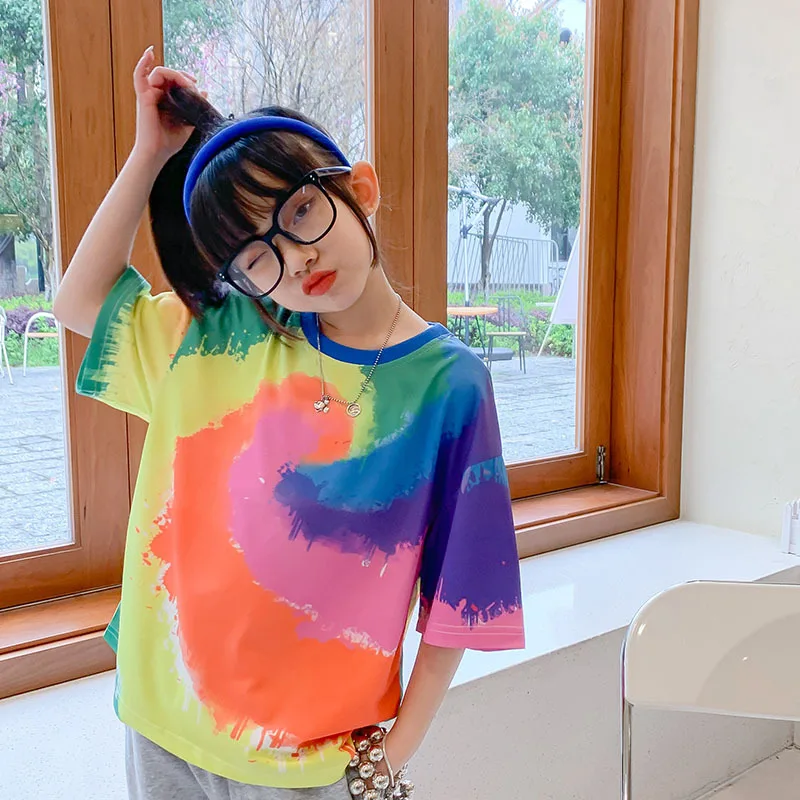 

Girls Tie Dye T-Shirts 2022 New Children's Clothing Cotton Loose Kids O-Neck Short Sleeve Tops Teenager Girl Summer Tees 12 13 Y