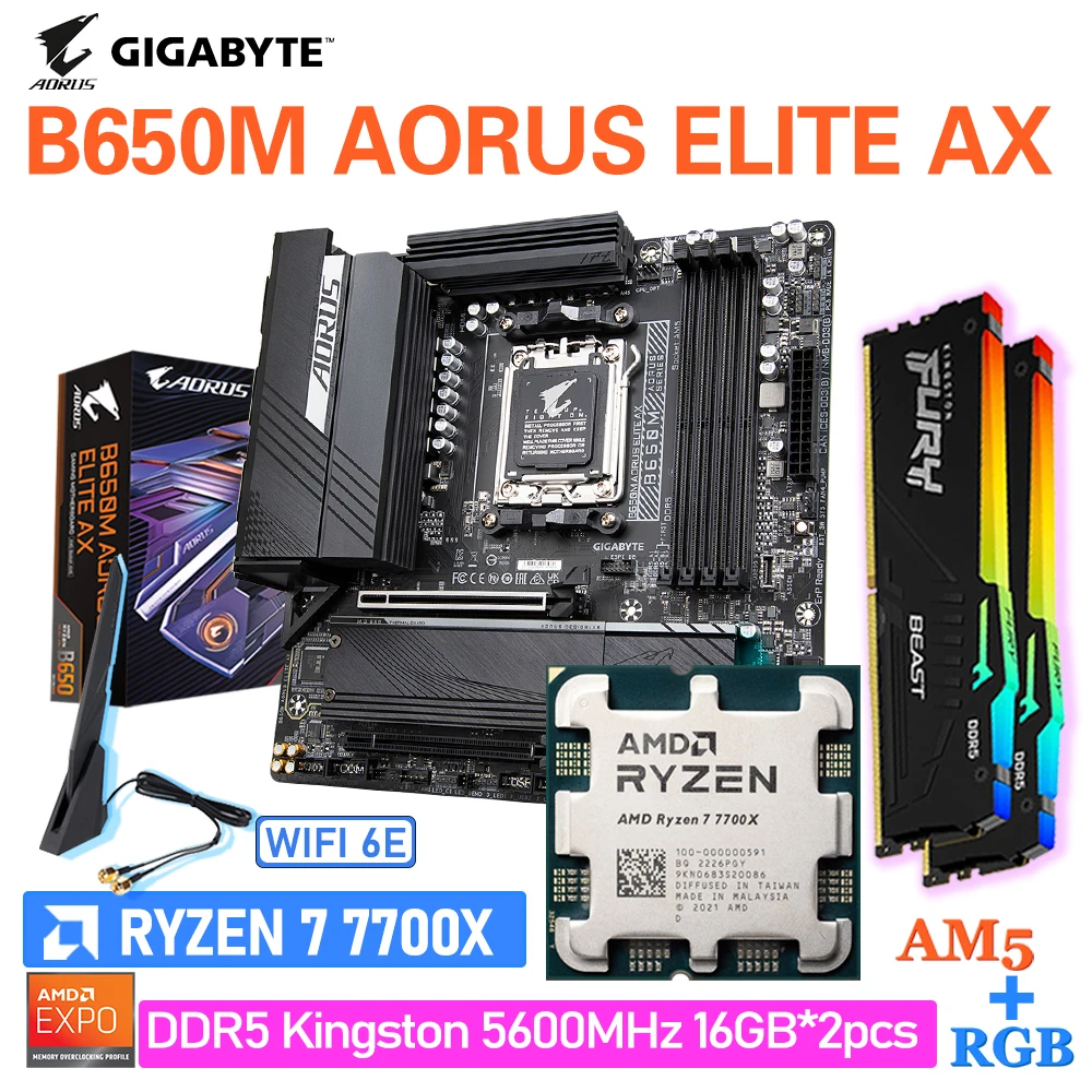 

Gigabyte AM5 Motherboard B650 Kit RYZEN CPU R7 7700X DDR5 Ram Suit M-ATX B650M AORUS ELITE AX WIFI With D5 5600MHz 32GB Memoria