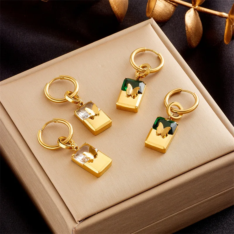 

316L Stainless Steel Square Green Booze Zircon Butterfly Hoop Earrings For Women Fashion Girls Ears Jewelry Gifts Dropshipping