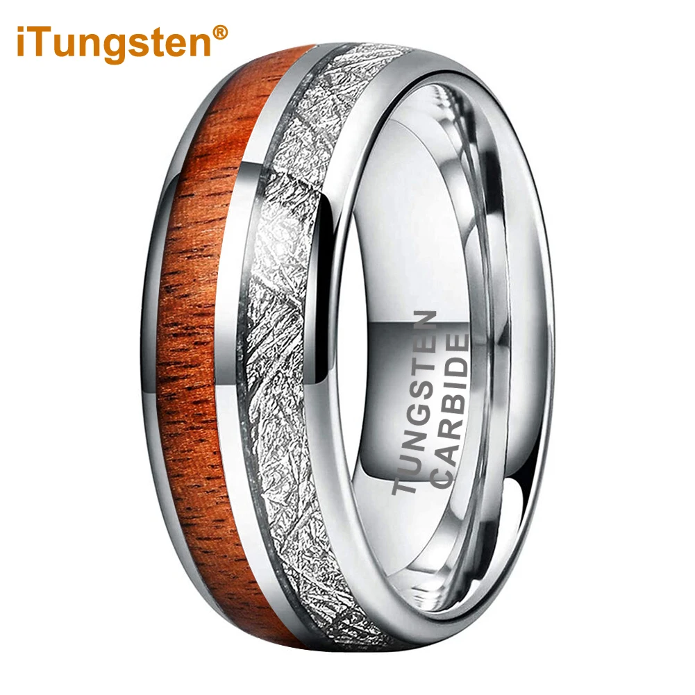 

iTungsten 8mm Tungsten Finger Ring for Men Women Engagement Wedding Band Koa Wood Meteorite Inlay Fashion Jewelry Comfort Fit