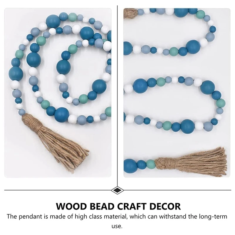 Blue Wood Bead Wreath Nautical Farmhouse Country Style Beaded With Twine Tassels For Home Room Decor
