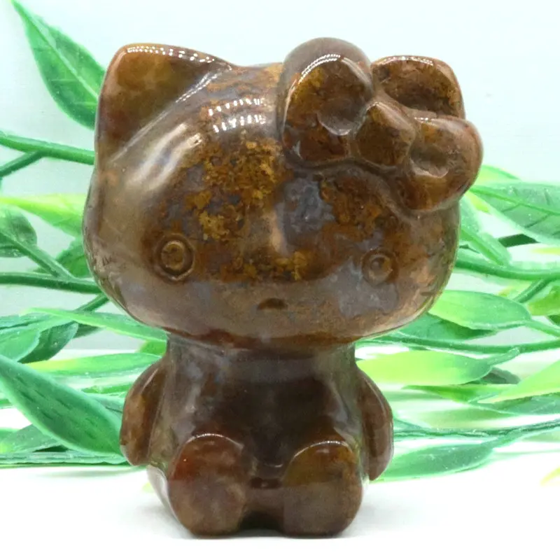 

2.1inch 101g Natural Red Moss Agate Crystals Healing Stones Carved Cartoon Cat Animal Statue Hand Craft For Gifts Decoration
