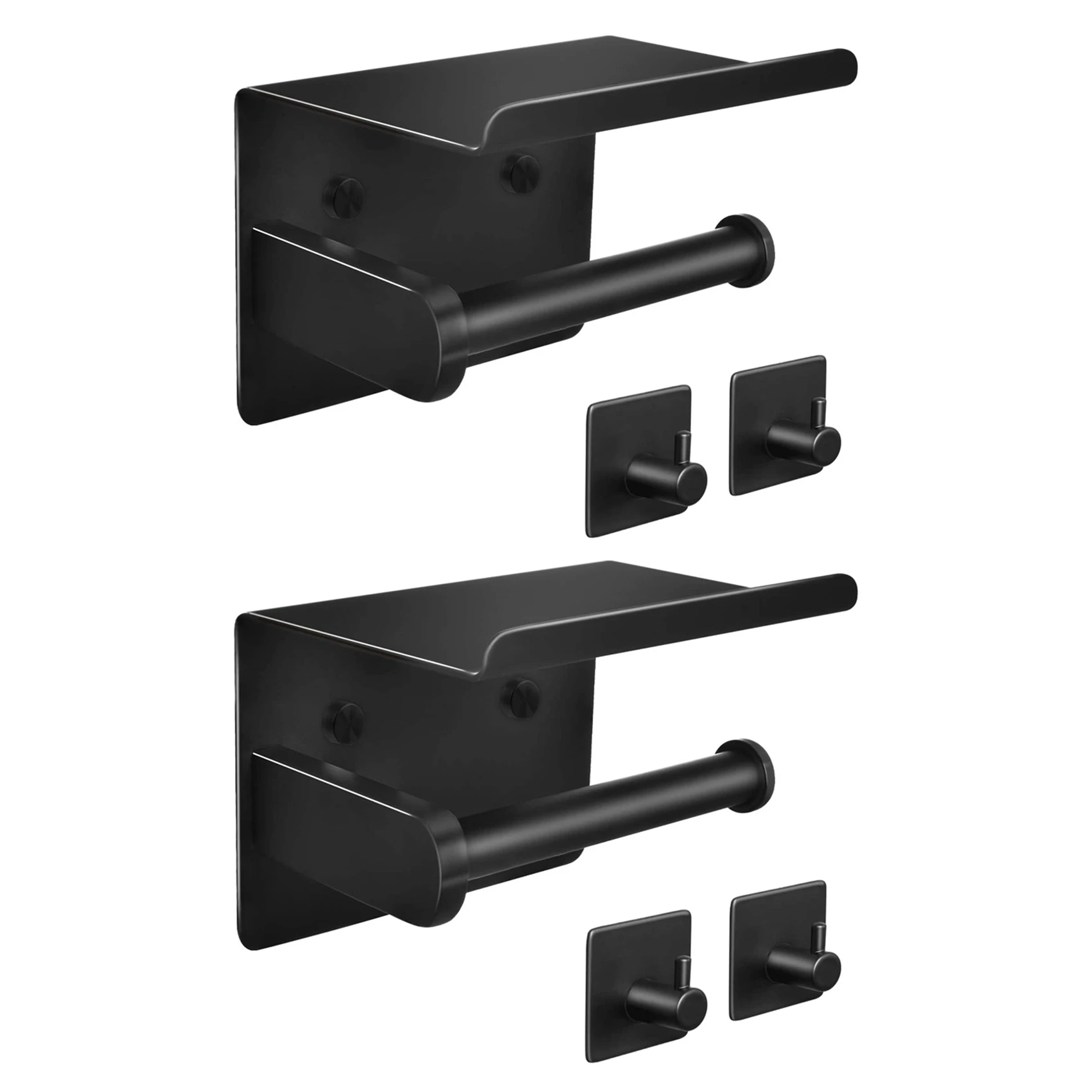 

2X Toilet Paper Holder Withtowel Robe Hooks, Adhesive Or Screw Wall Mounted Toilet Paper Roll Holder