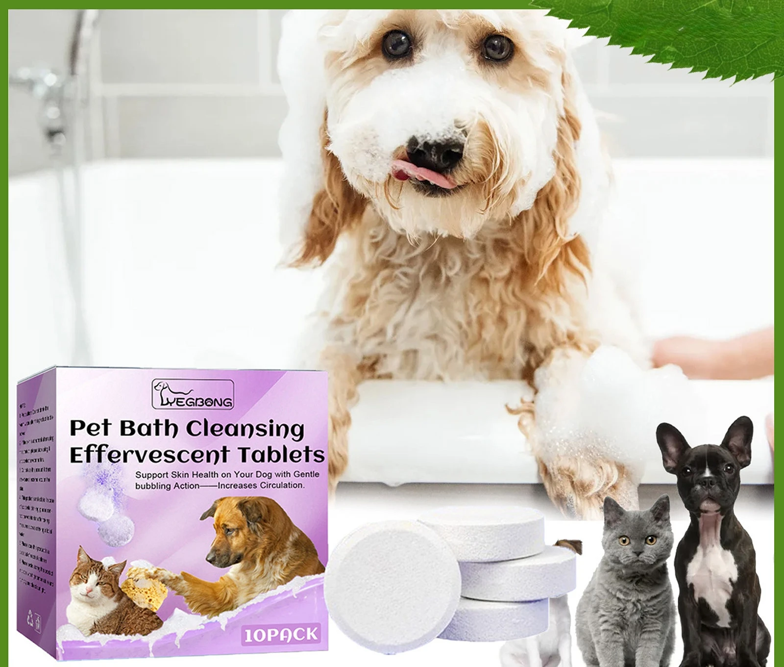 

Pet Bath Cleansing Effervescent Tablets Cats and Dogs SPA Cleansing, Deodorizing, Soft Hair and Fragrance