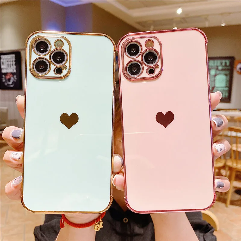 

Electroplated Love Heart Phone Case For iPhone 11 12 13 Pro Mini Max X XR XS Max 7 8 Plus SE 2020 Shockproof Protective Cover