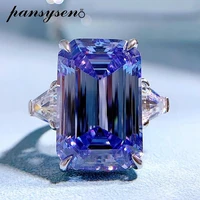 PANSYSEN 100% 925 Sterling Silver Grey Blue 30CT Asscher Cut Sapphire High Carbon Diamond Gemstone Ring Women Fine Jewelry Gift