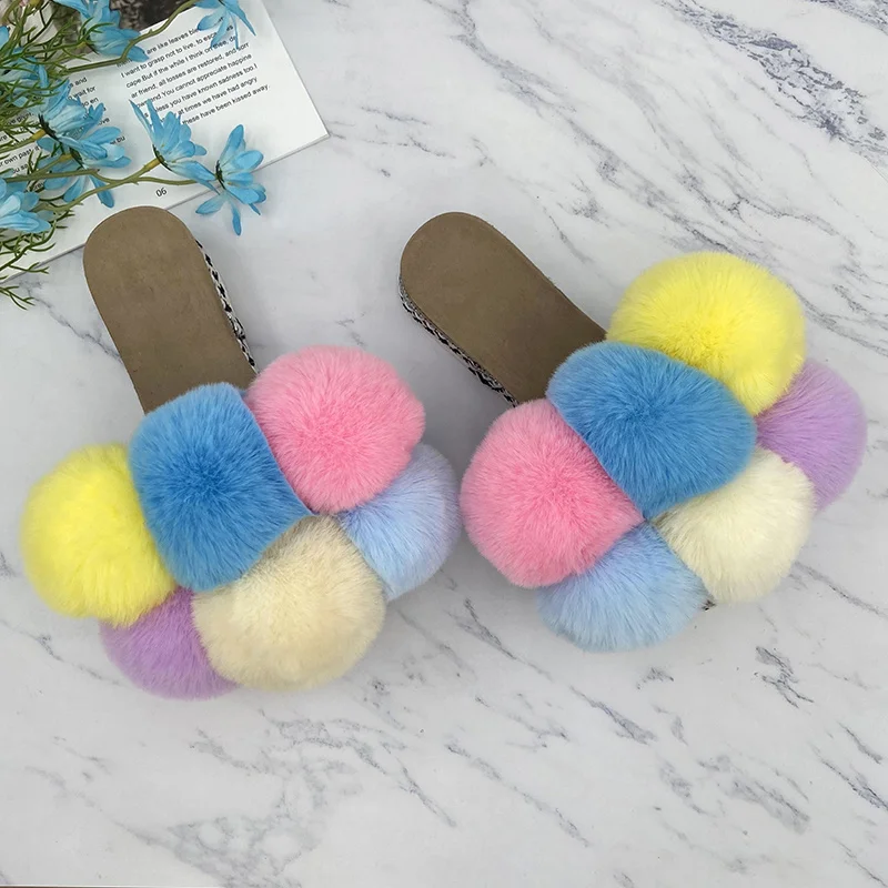 

Fur Slippers Summer Faux Fur Pom Pon Rivets Slides Womens 2022 Fashion Outdoor Female Platform Flats Sandals Drop Shipping