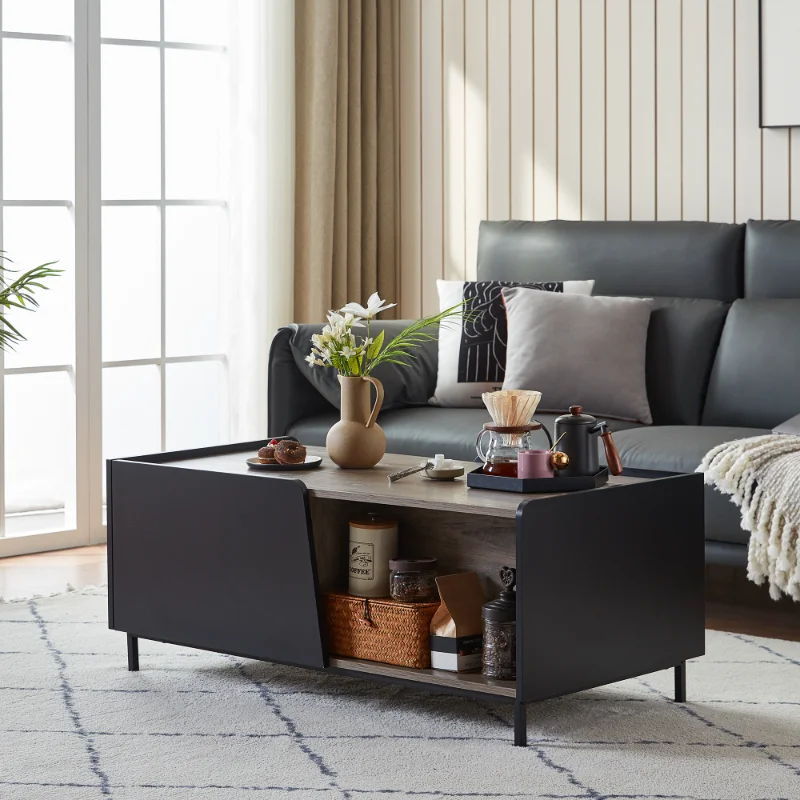 

Modern Living Room Coffee Table with 2 Drawers\ Black and Light Brown Black Solid Wood [US Stock]