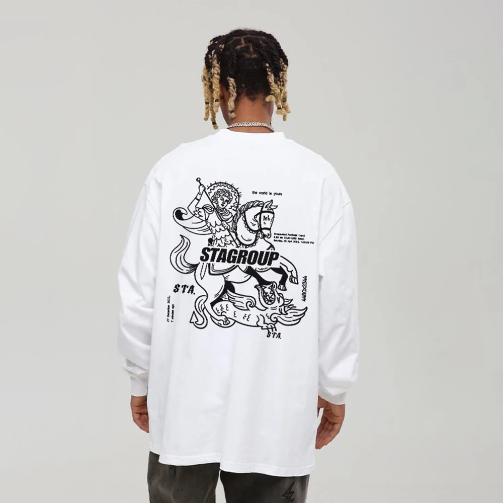 Мужская футболка с длинным рукавом из чистого хлопка в стиле ретро