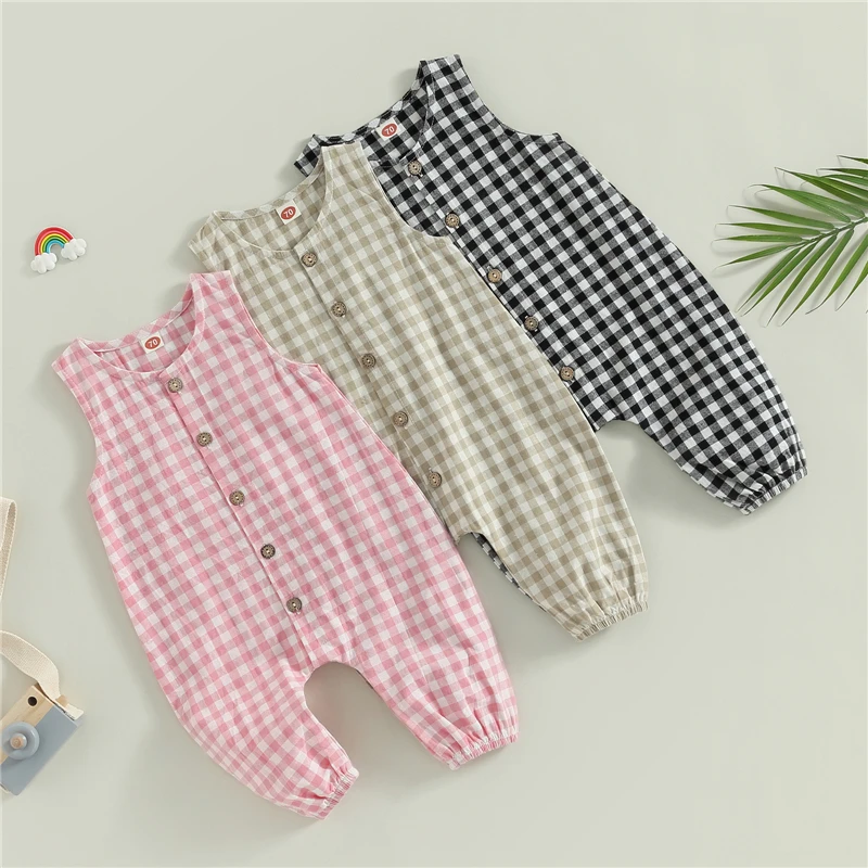 

Summer Baby Clothing Girls Plaid Rompers Cotton Infant Romper Sleeveless O Neck Toddler Playsuit Jumpsuits For Newborn Items